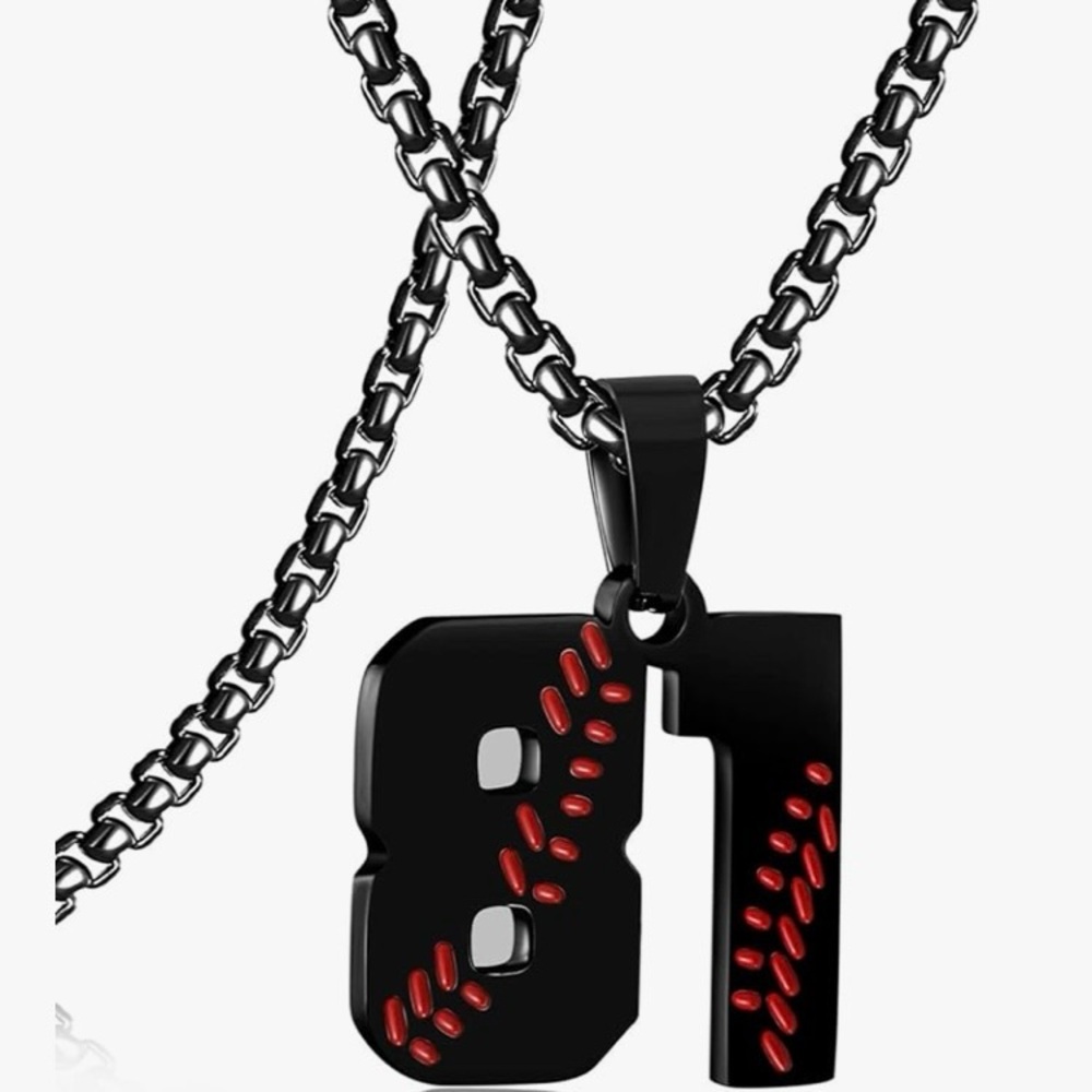 Baseball Jersey Number Pendant for Men & Boys - Stainless Steel Chain - Black